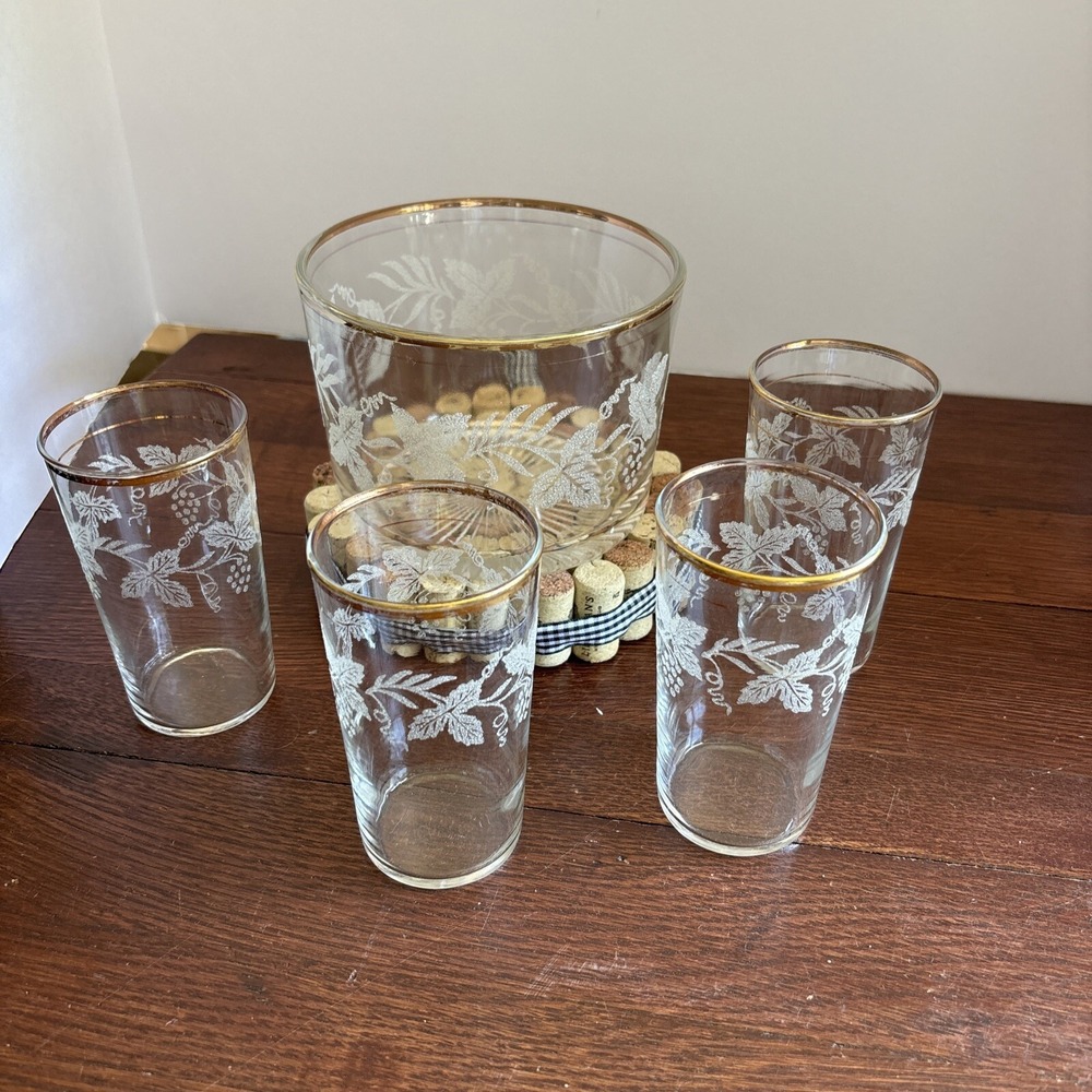 VTG Bartlett Collins Frosted Grape Leaf Gold Rim Glasses 8oz (4) W/ Ice Bucket